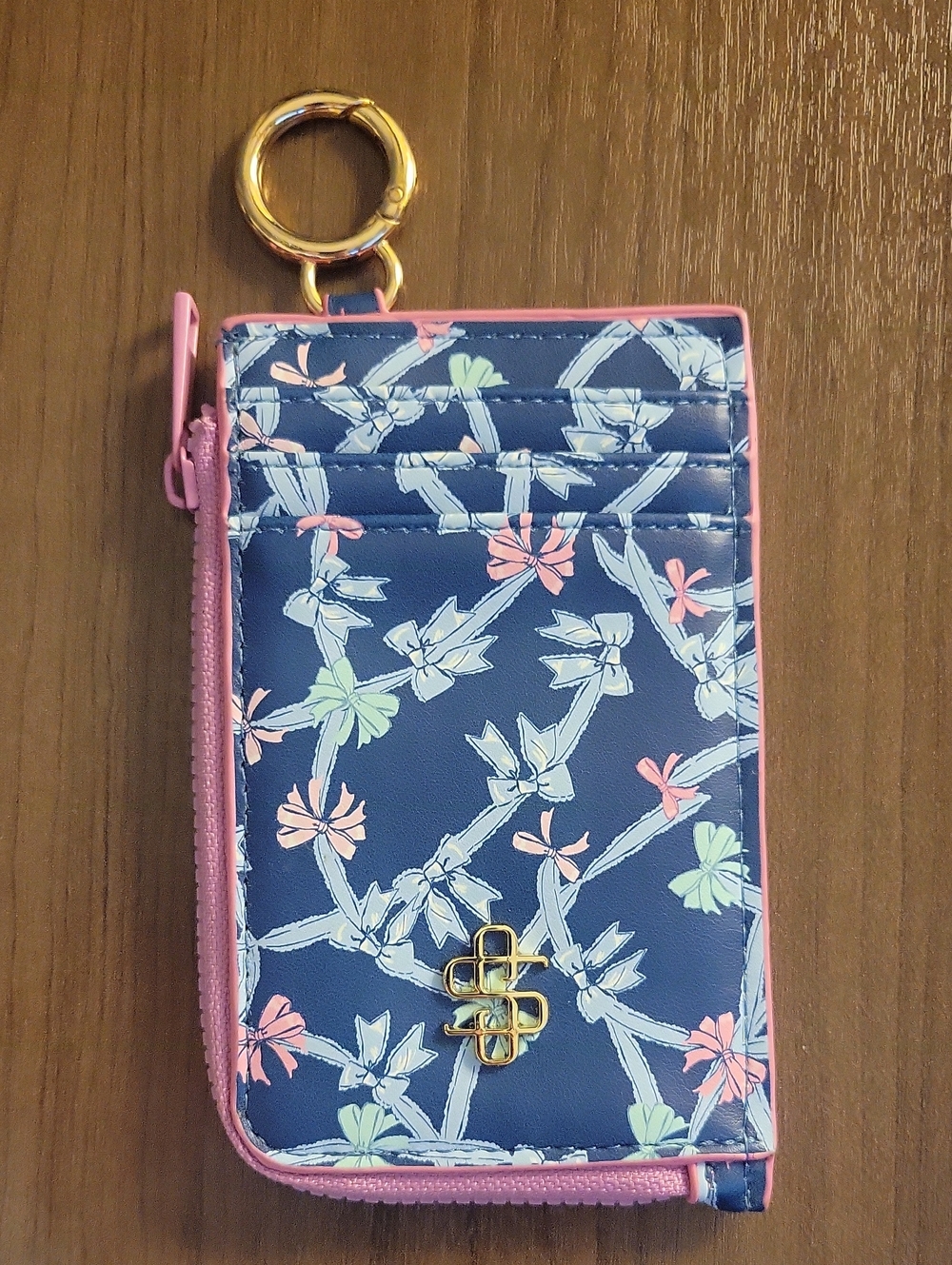 Simply Southern Navy Floral Cardholder with Pink Trim and Gold Keyring